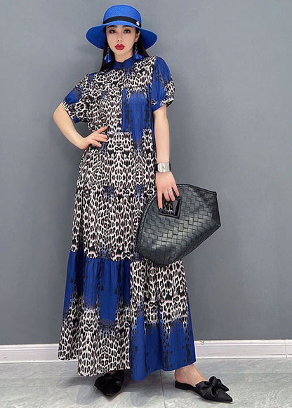 Stand Collar Leopard Print Wrinkled Long Dress Short Sleeve