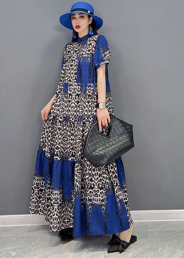 Stand Collar Leopard Print Wrinkled Long Dress Short Sleeve