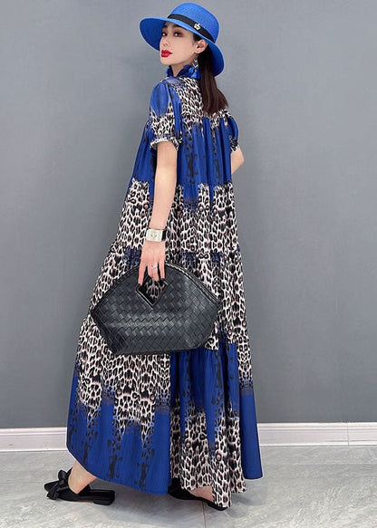 Stand Collar Leopard Print Wrinkled Long Dress Short Sleeve