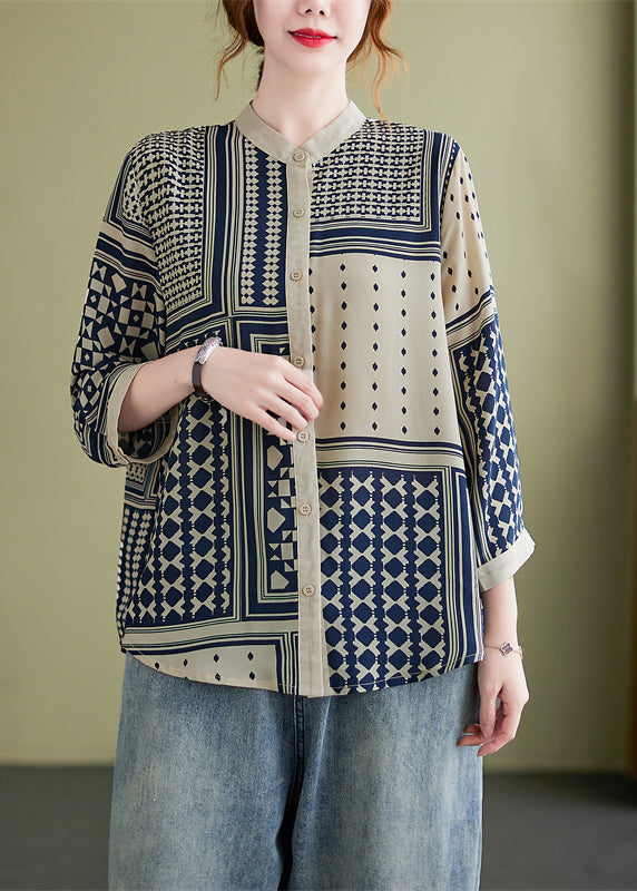 Stand Collar Print Cotton Chiffon Shirts Bracelet Sleeve