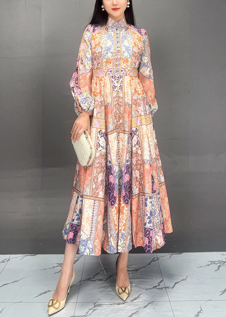 Stand Collar Print Cotton Long Dress Fall