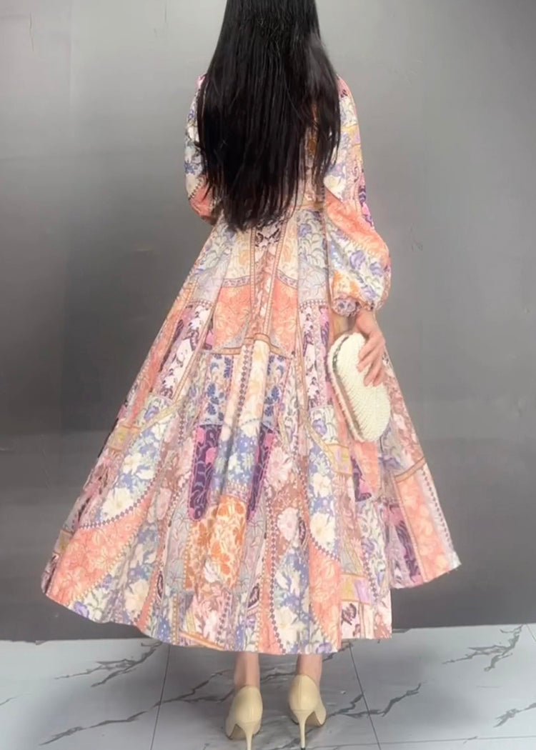 Stand Collar Print Cotton Long Dress Fall