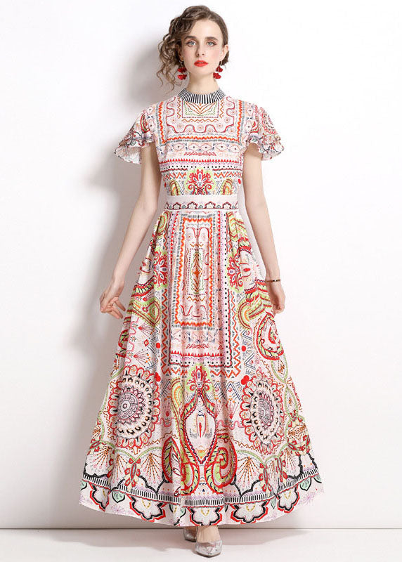 Stand Collar Print Wrinkled Patchwork Chiffon Maxi Dresses Summer
