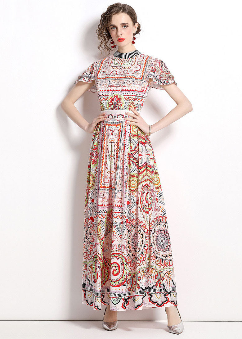 Stand Collar Print Wrinkled Patchwork Chiffon Maxi Dresses Summer