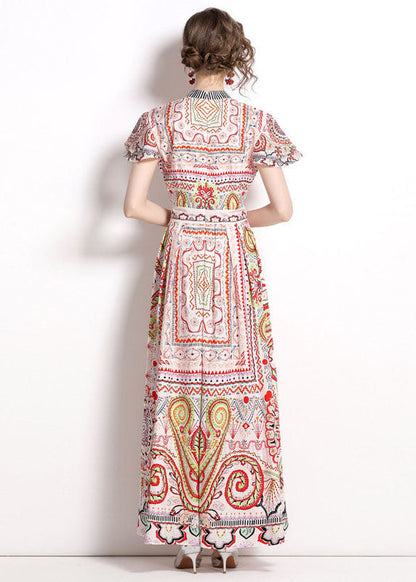 Stand Collar Print Wrinkled Patchwork Chiffon Maxi Dresses Summer