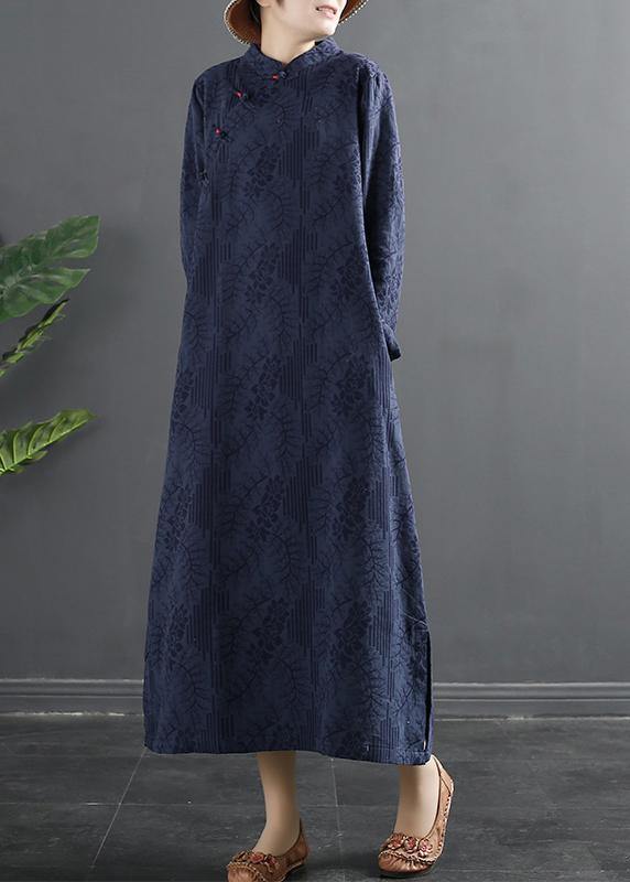 Stand Collar Dress Blue Jacquard Maxi Dresses