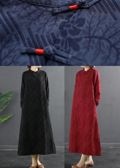 Stand Collar Dress Blue Jacquard Maxi Dresses