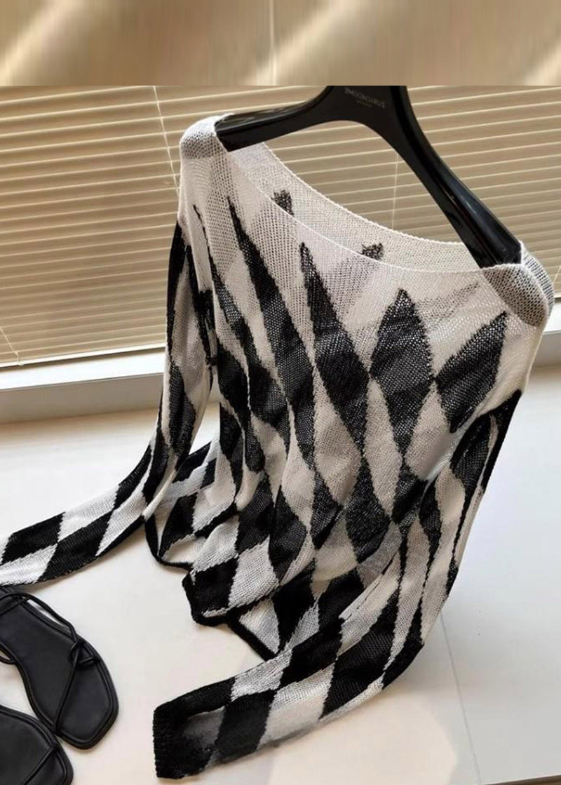 Striped Plaid Slash Neck Knit Top Spring