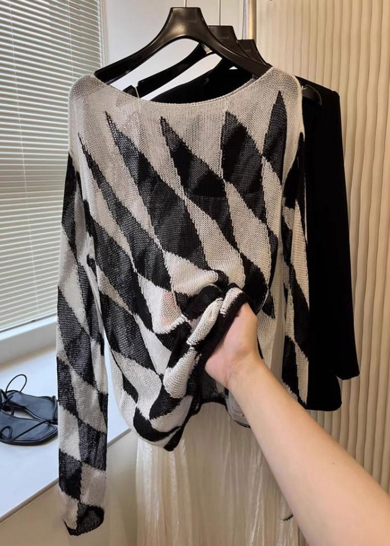 Bohemian Striped Plaid Slash Neck Knit Top Spring