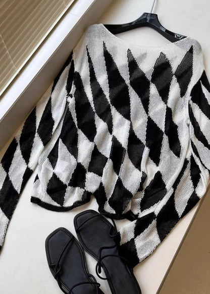 Bohemian Striped Plaid Slash Neck Knit Top Spring