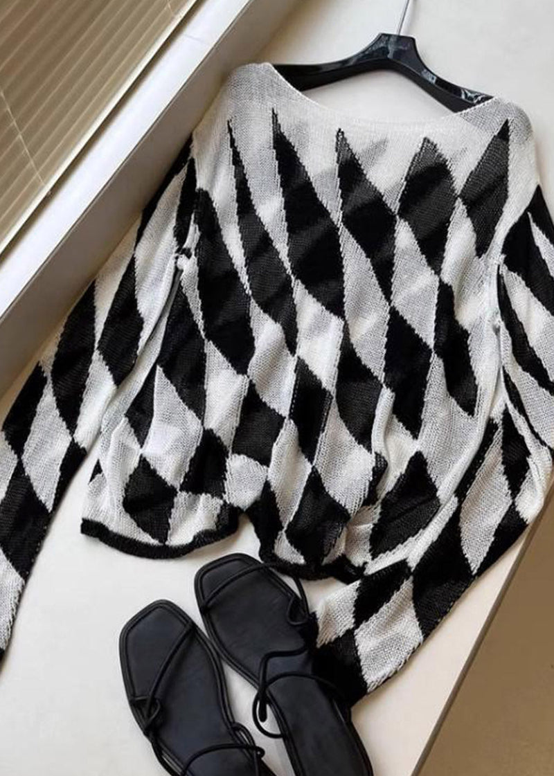 Striped Plaid Slash Neck Knit Top Spring