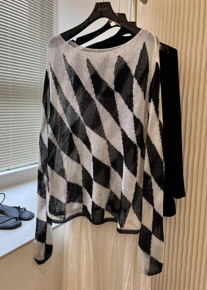 Bohemian Striped Plaid Slash Neck Knit Top Spring
