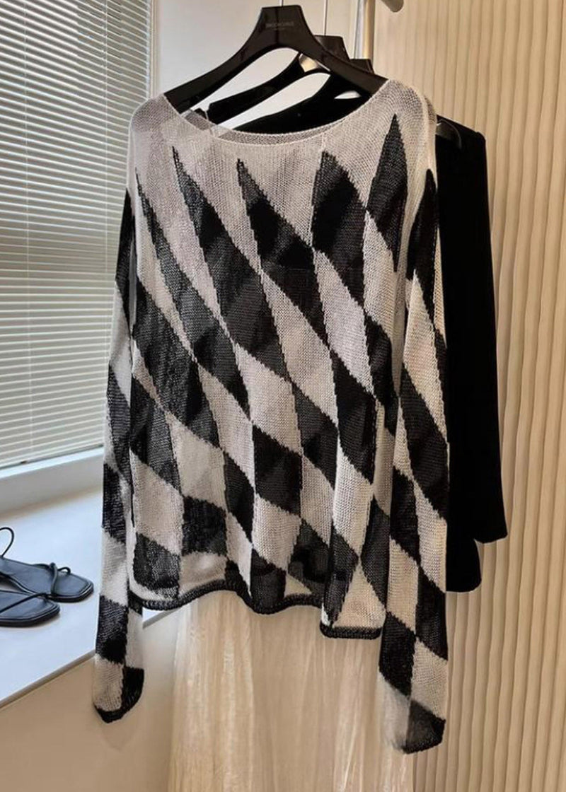 Striped Plaid Slash Neck Knit Top Spring