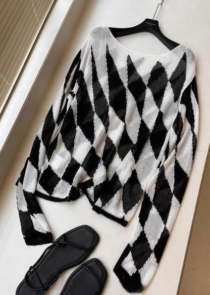 Bohemian Striped Plaid Slash Neck Knit Top Spring