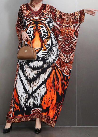 V Neck Animal Print Maxi Dresses Batwing Sleeve