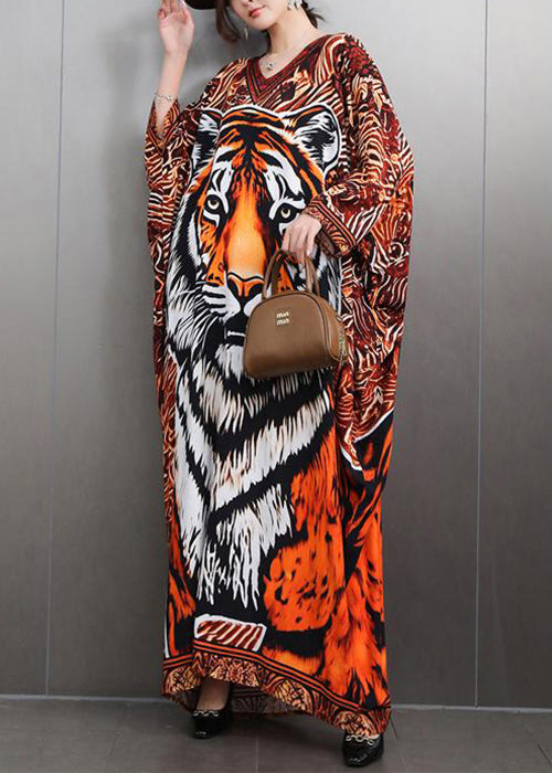 V Neck Animal Print Maxi Dresses Batwing Sleeve