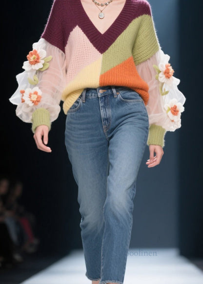 V Neck Patchwork Knit Short Sweater Fall