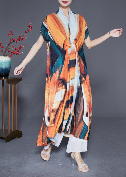 V Neck Lace Up Print Silk Holiday Dress Summer