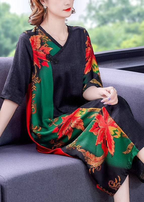 V Neck Patchwork Print Button Silk Maxi Dresses Short Sleeve