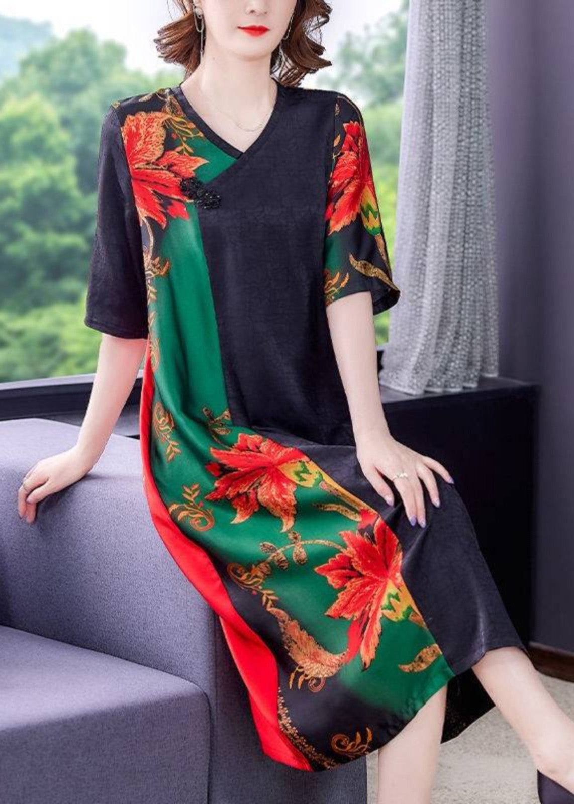 V Neck Patchwork Print Button Silk Maxi Dresses Short Sleeve