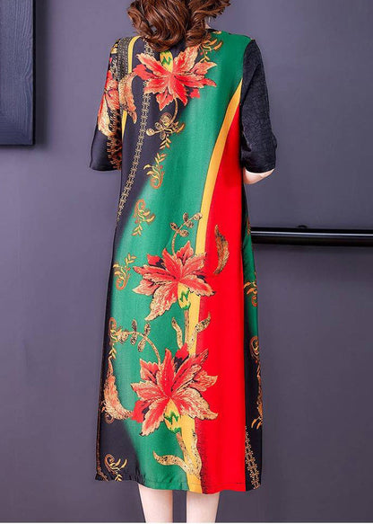 V Neck Patchwork Print Button Silk Maxi Dresses Short Sleeve