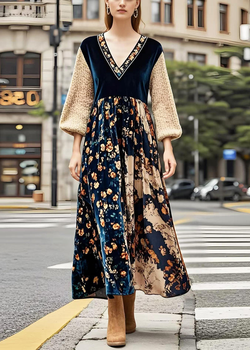 V Neck Patchwork Print Silk Velvet Maxi Dresses Spring