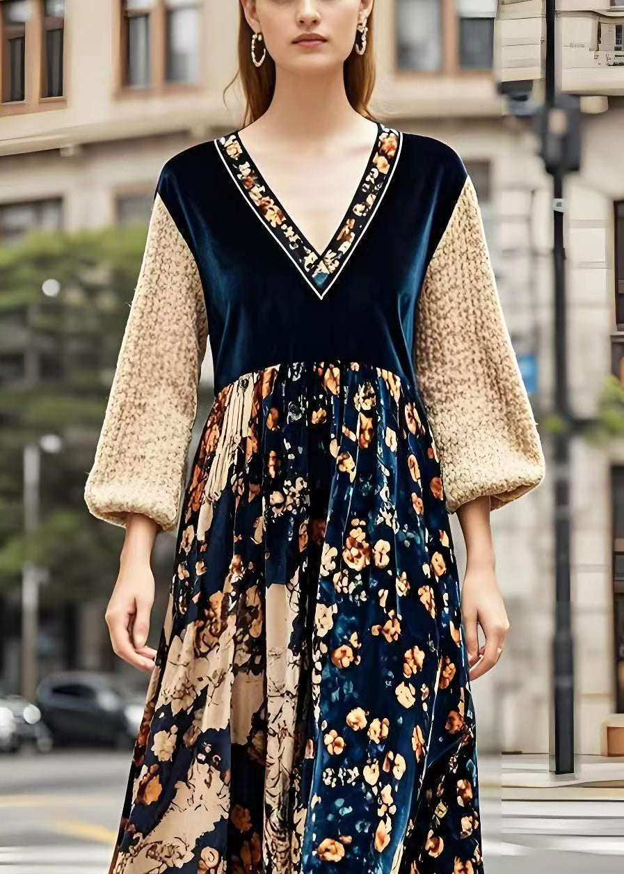 V Neck Patchwork Print Silk Velvet Maxi Dresses Spring