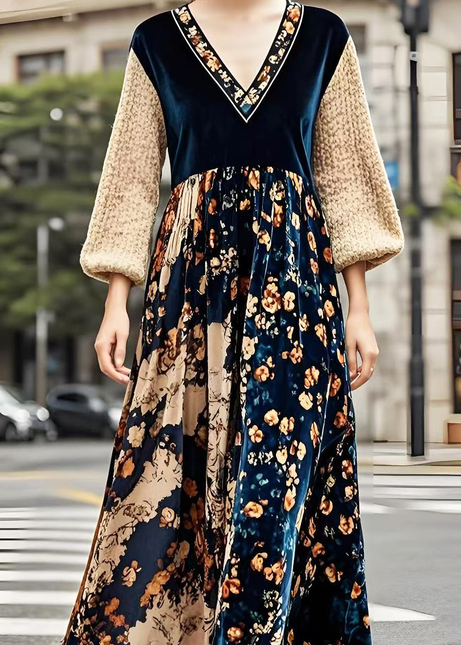 V Neck Patchwork Print Silk Velvet Maxi Dresses Spring