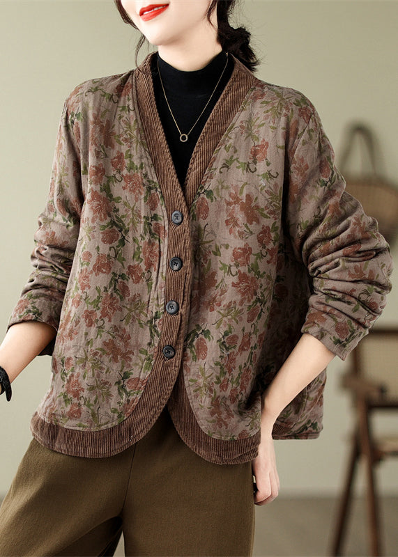 V Neck Print Button Fine Cotton Filled Jackets Spring