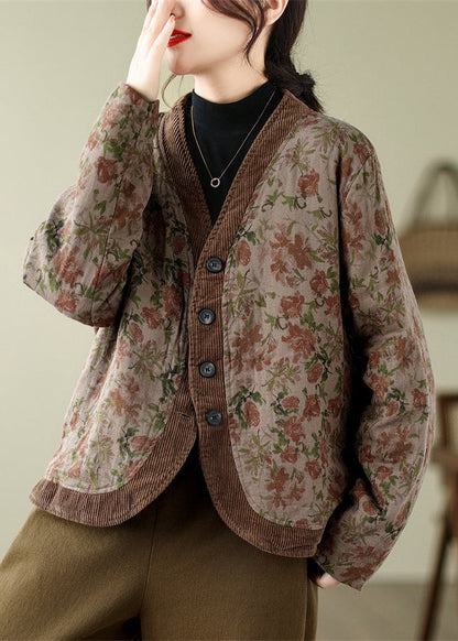 V Neck Print Button Fine Cotton Filled Jackets Spring