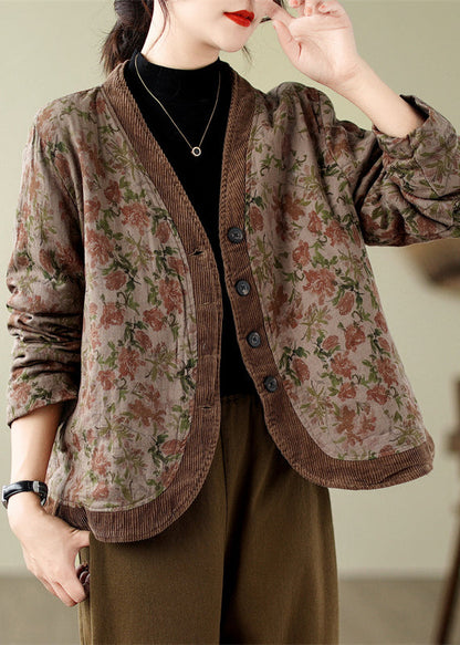V Neck Print Button Fine Cotton Filled Jackets Spring