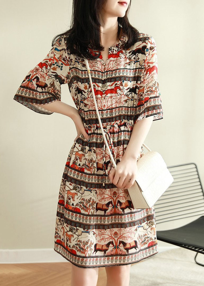 V Neck Print Chiffon Dress Flare Sleeve