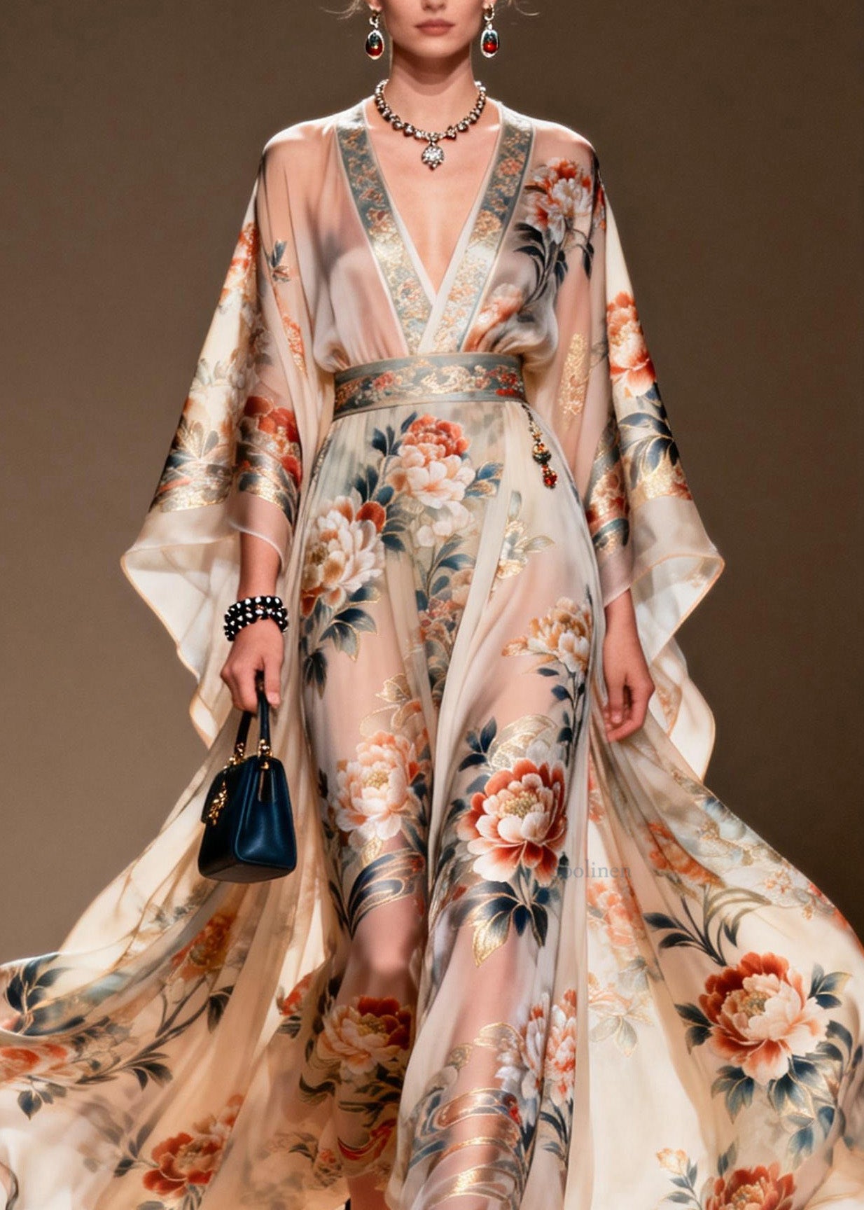V Neck Print Chiffon Long Dresses Spring