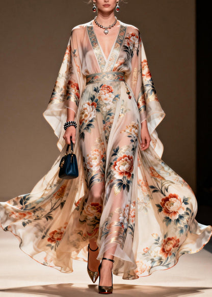 V Neck Print Chiffon Long Dresses Spring