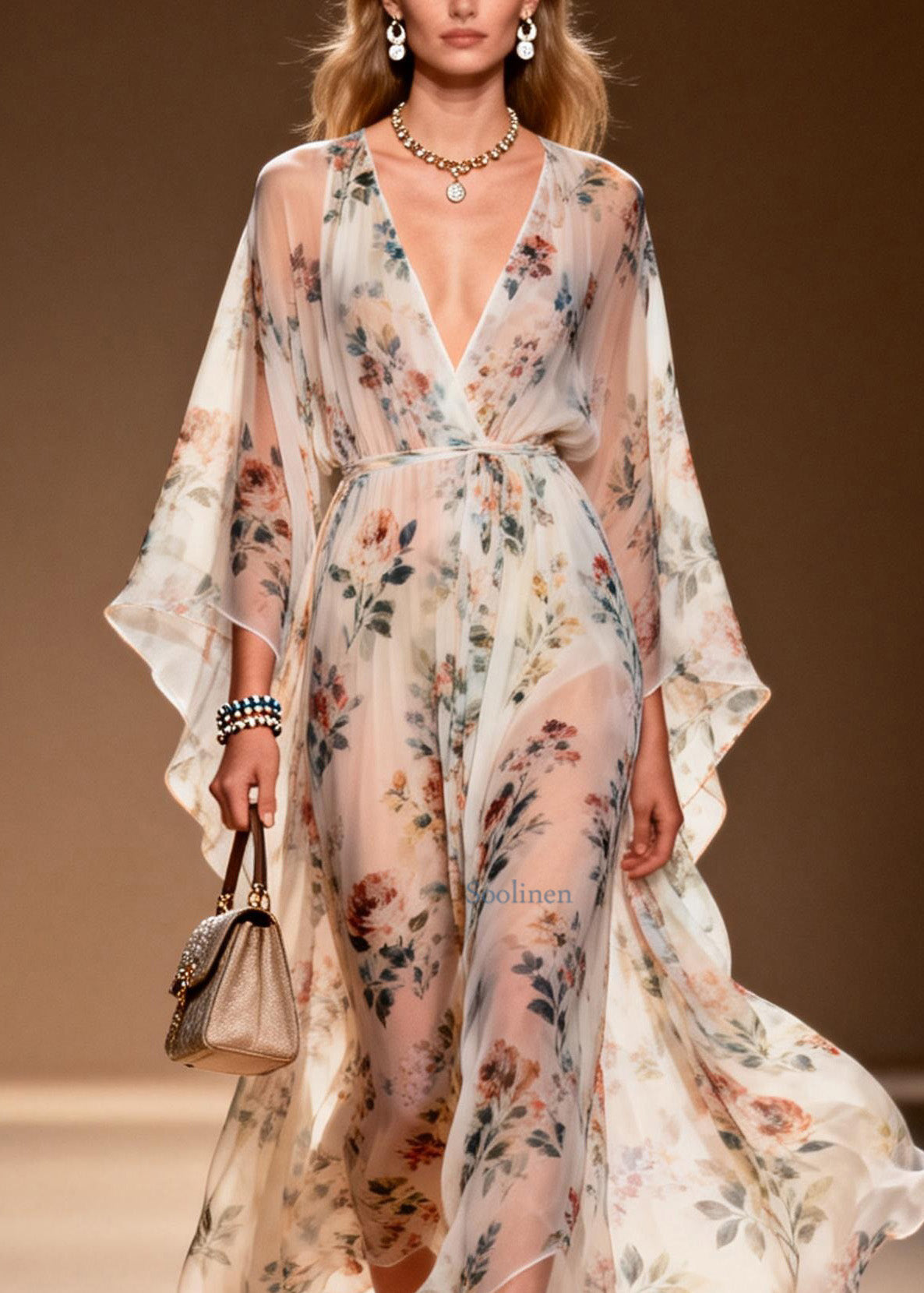 V Neck Print Chiffon Long Dresses Summer