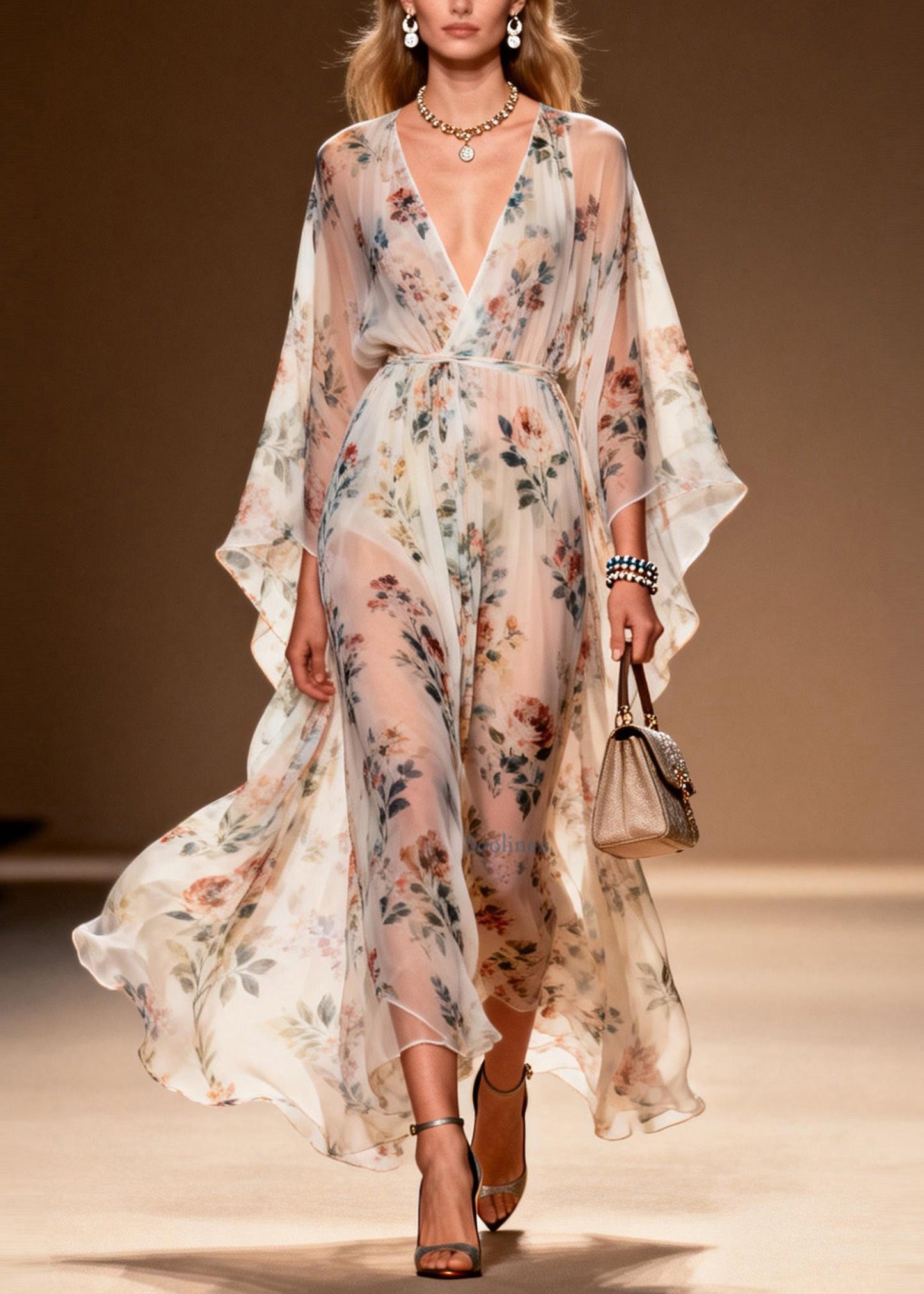 V Neck Print Chiffon Long Dresses Summer