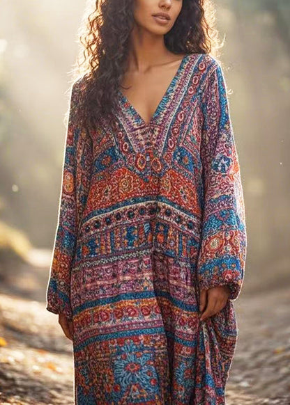 V Neck Print Cotton Ankle Dress Spring