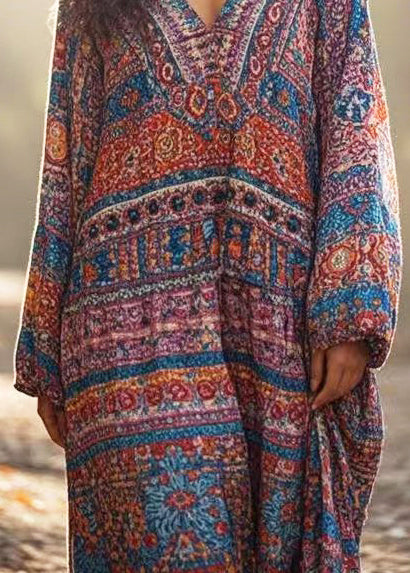 V Neck Print Cotton Ankle Dress Spring