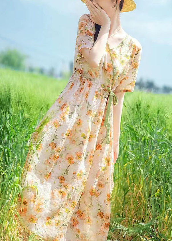 V Neck Print Drawstring Linen Dresses Summer