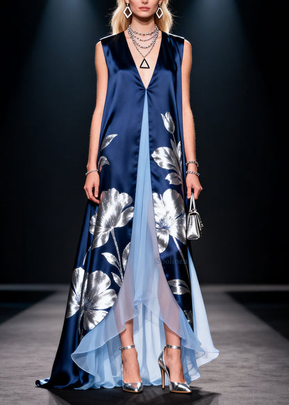 V Neck Print Patchwork Silk Long Dress Summer