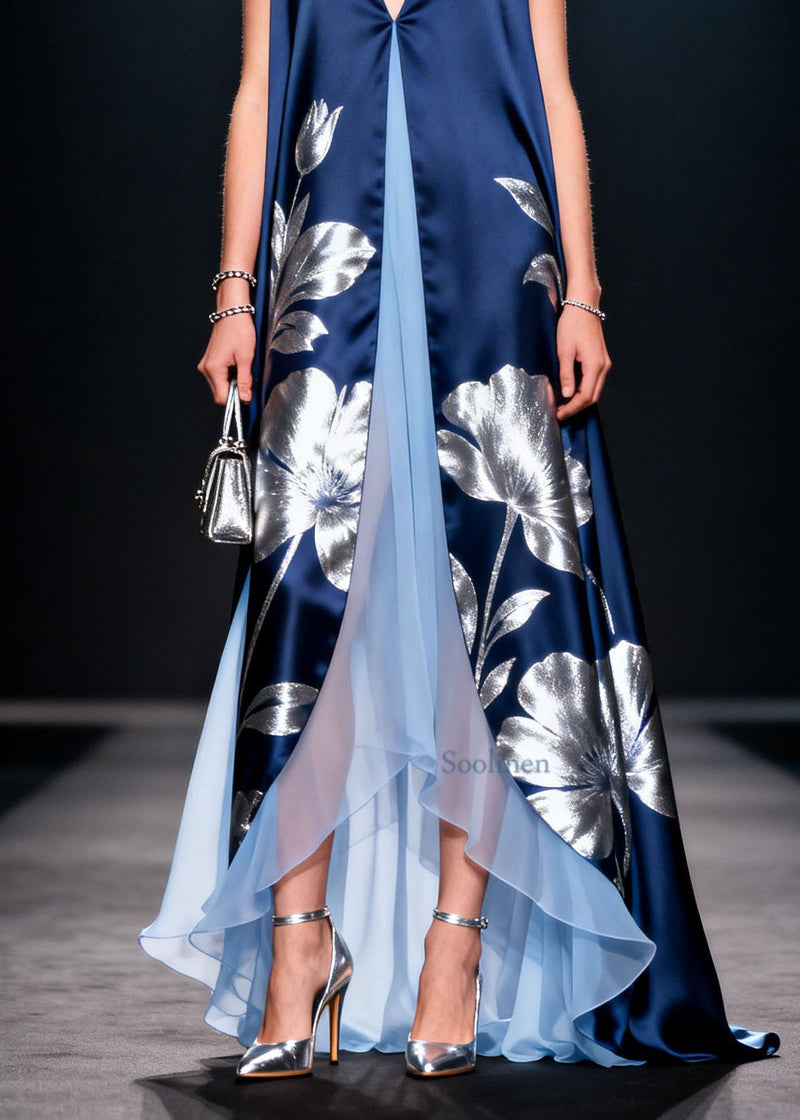 V Neck Print Patchwork Silk Long Dress Summer