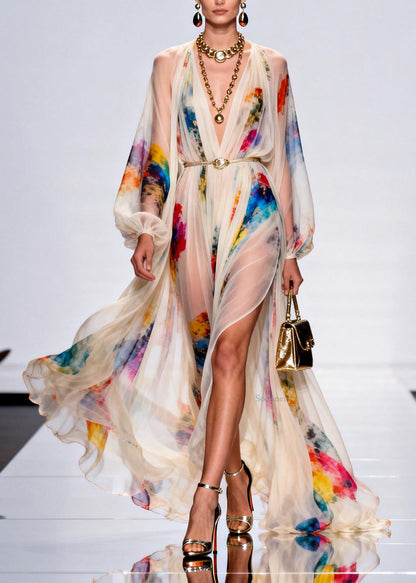 V Neck Side Open Print Cotton Robe Dresses Spring