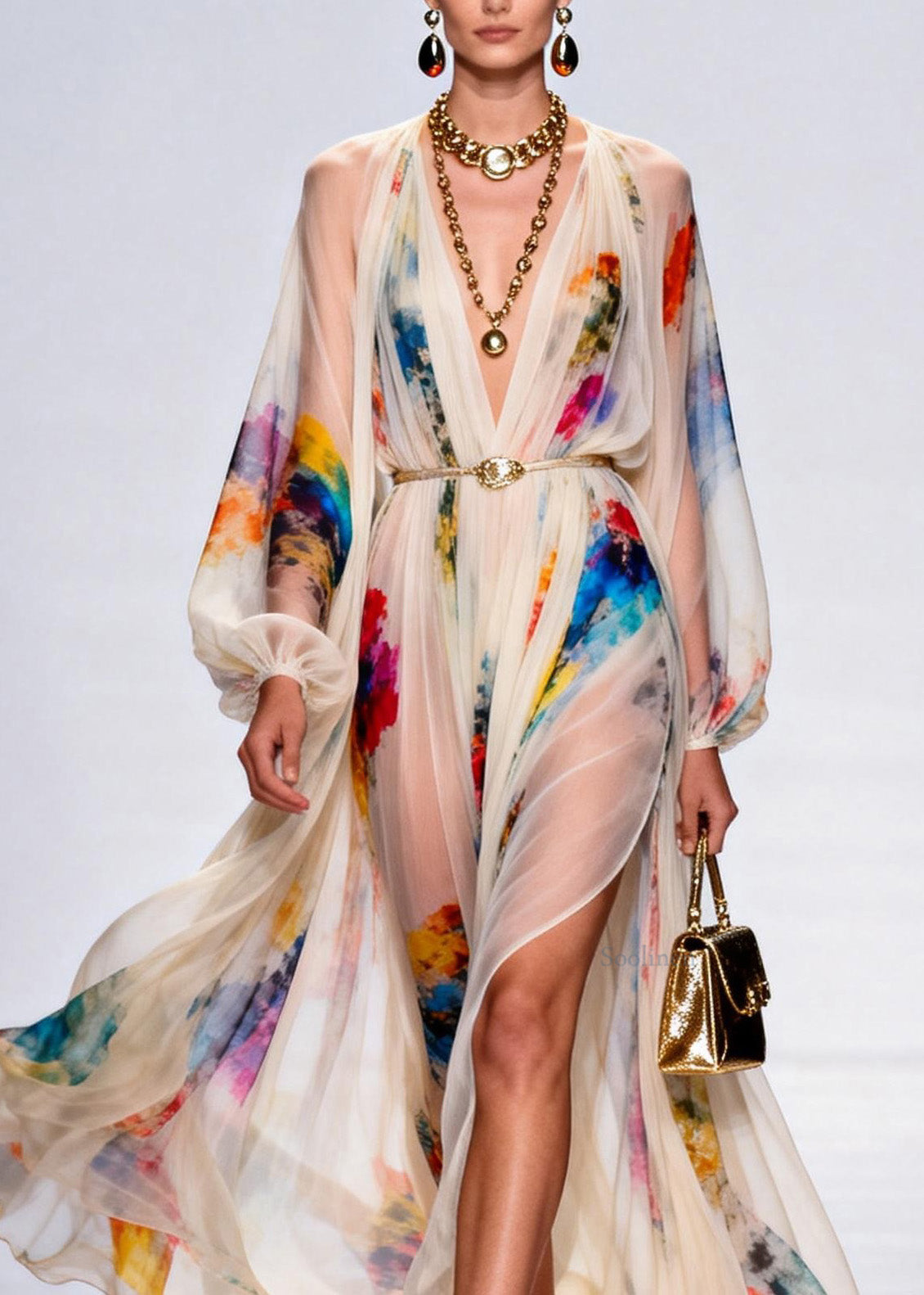 V Neck Side Open Print Cotton Robe Dresses Spring