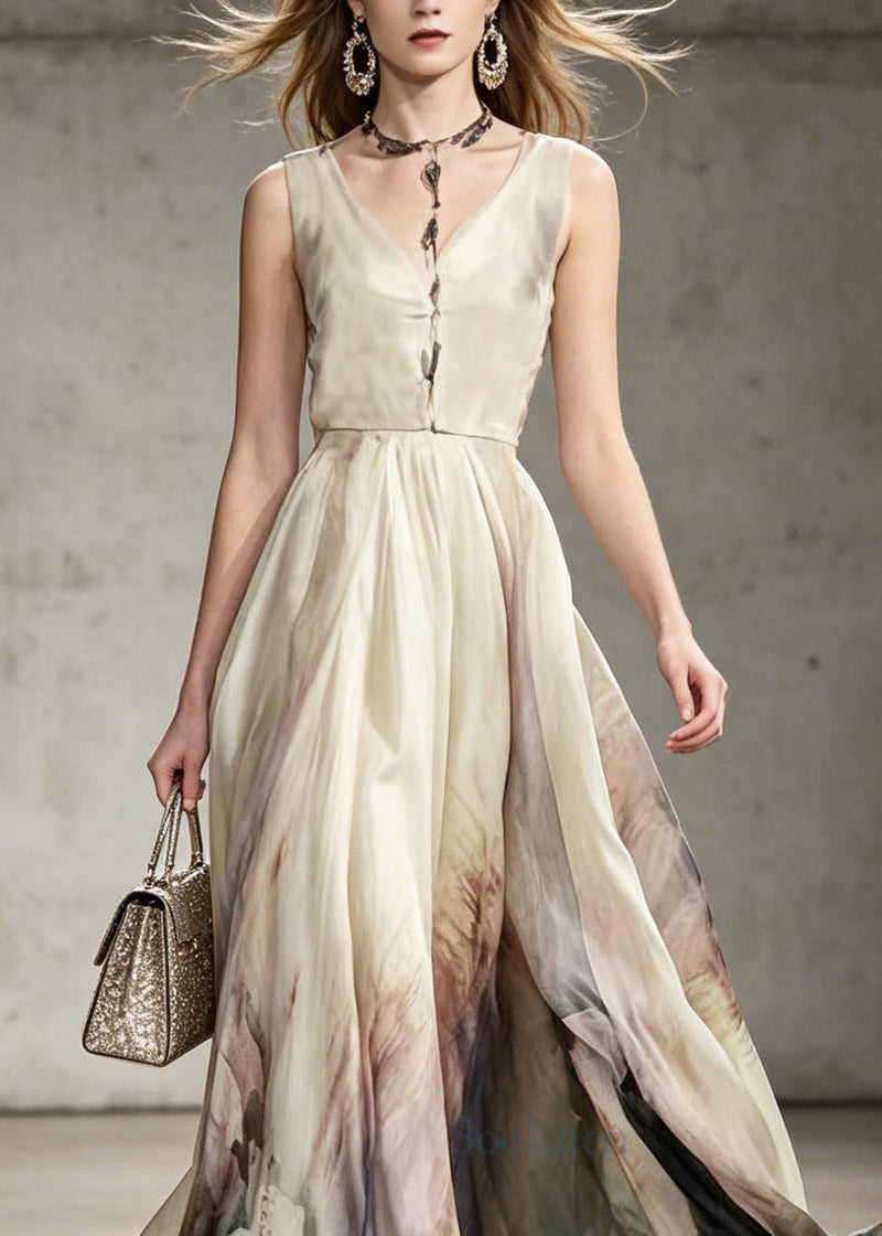 V Neck Tie Dye Chiffon Maxi Dresses Sleeveless