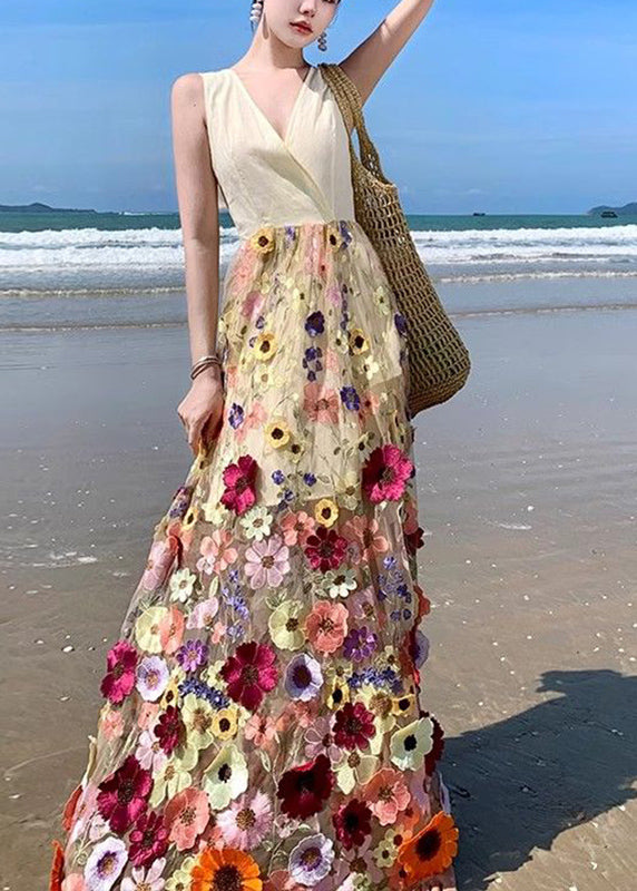 V Neck Tulle Embroidered Patchwork Tulle Maxi Dress Summer