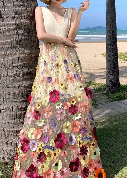V Neck Tulle Embroidered Patchwork Tulle Maxi Dress Summer