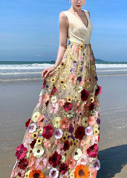 V Neck Tulle Embroidered Patchwork Tulle Maxi Dress Summer