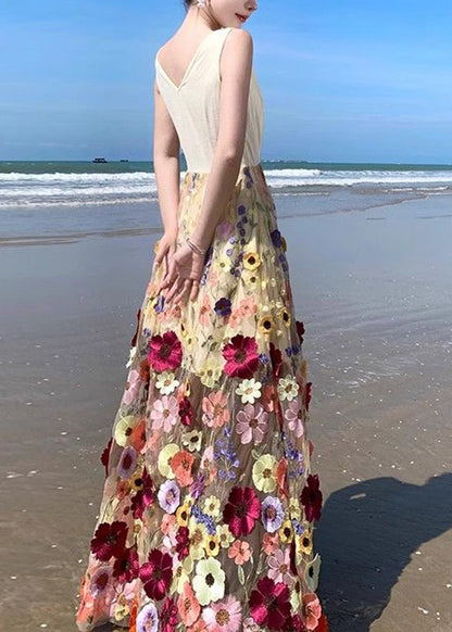 V Neck Tulle Embroidered Patchwork Tulle Maxi Dress Summer
