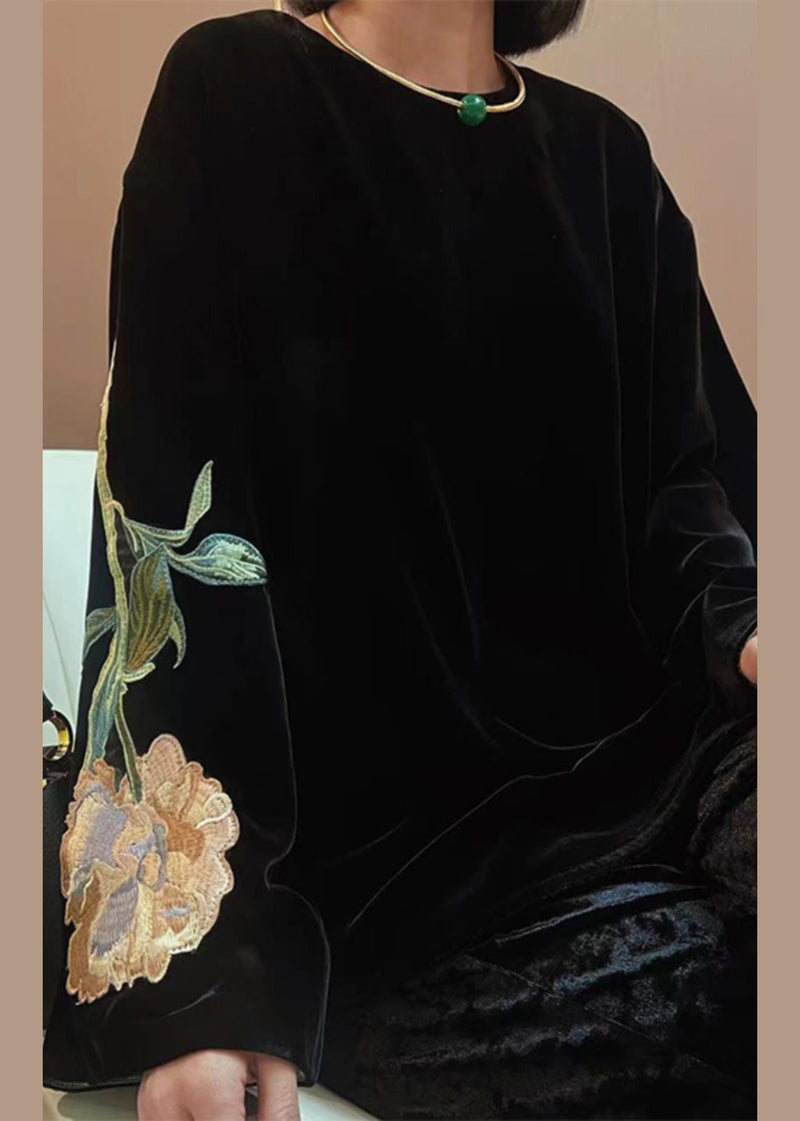 Black Embroidered Patchwork Velour Tops Fall