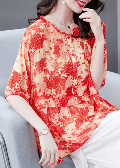 Watermelon Red O-neck Wrinkled Asymmetrical Print Chiffon Tops Short Sleeve
